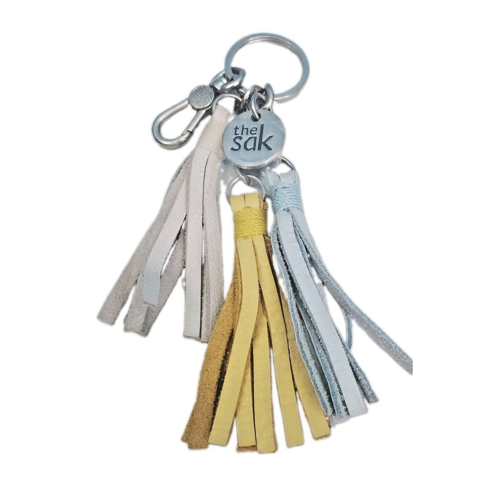 The Sak Genuine Leather Fringe Tassel Bag Charm Keychain Blue Yellow White...